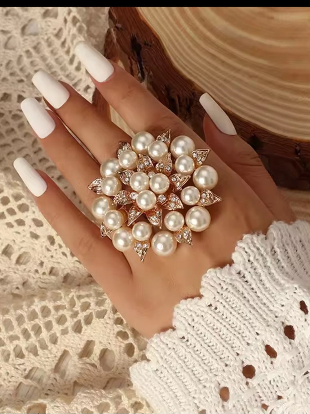 Pearl Cluster Floral Statement Ring in White and Gold